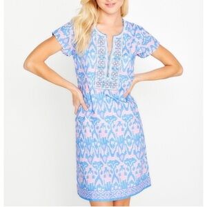 Bella Tu Ikat Cap Sleeve Dress Embellished Blue, White, & Pink